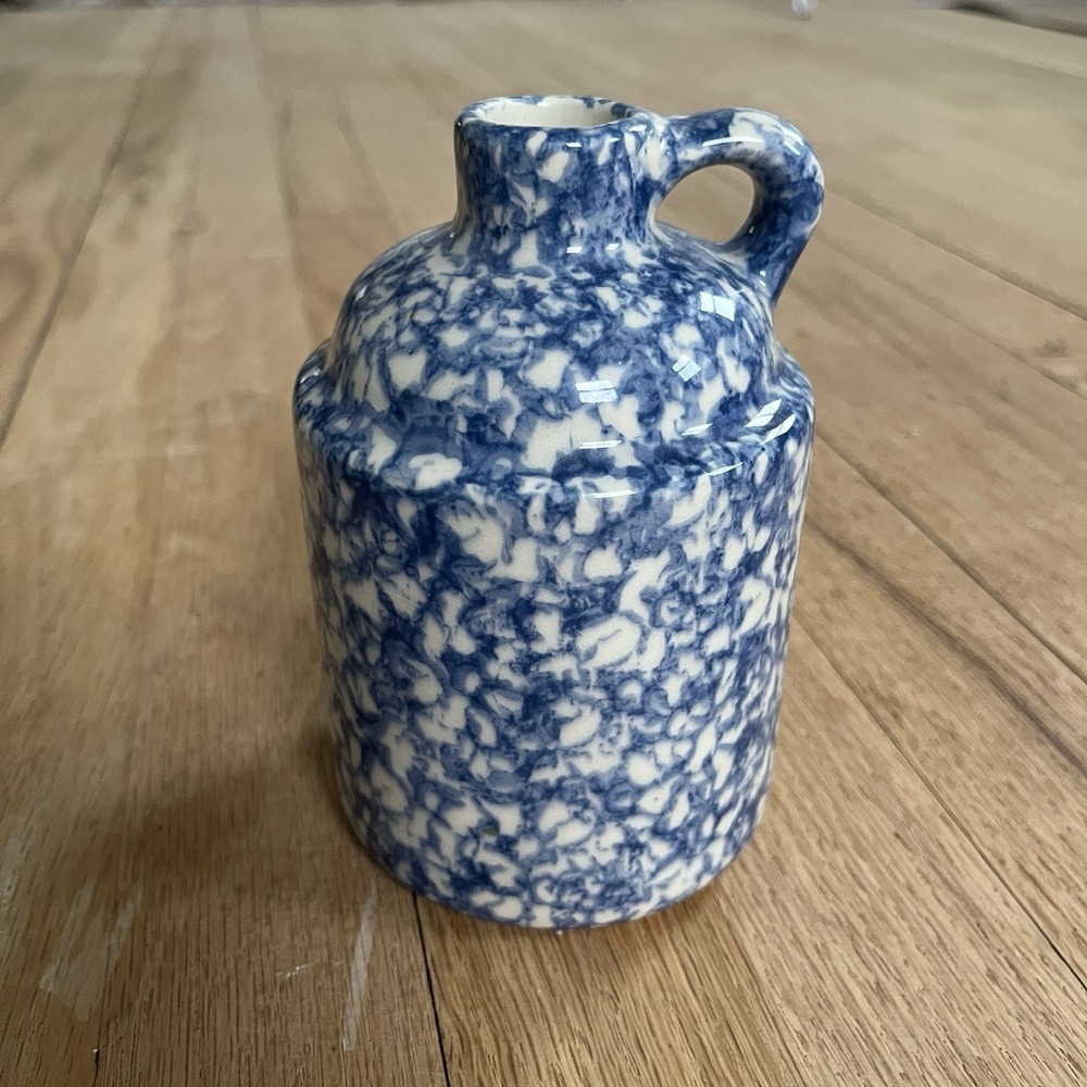 Blue Speckled Spongeware Whiskey Jug Pottery 5.5" Small Vintage